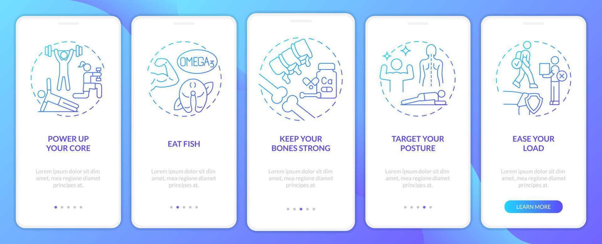 Bones and joints protection blue gradient onboarding mobile app screen. Walkthrough 5 steps graphic instructions pages with linear concepts. UI, UX, GUI template. Myriad Pro-Bold, Regular fonts used vector