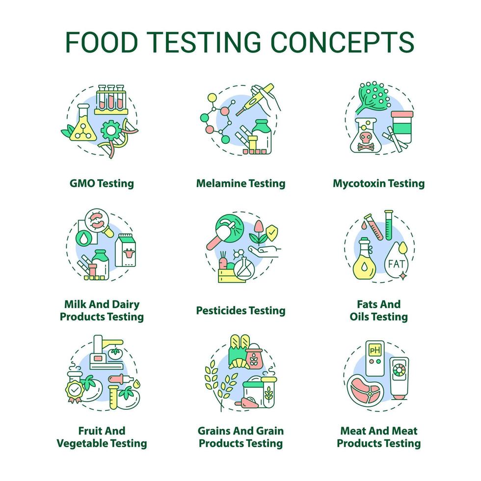 Food testing concept icons set. Performing experiments for analysis idea thin line color illustrations. Fats and oils. Isolated symbols. Editable stroke. Roboto-Medium, Myriad Pro-Bold fonts used vector