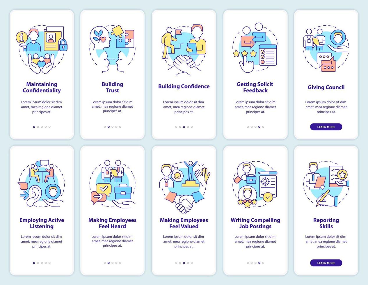 HR skills onboarding mobile app screen set. Employment walkthrough 5 steps graphic instructions pages with linear concepts. UI, UX, GUI template. Myriad Pro-Bold, Regular fonts used vector