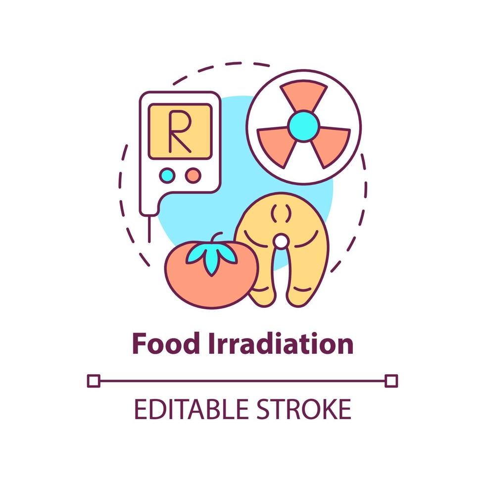 Food irradiation concept icon. Analysis service abstract idea thin line illustration. Expose product to ionizing radiation. Isolated outline drawing. Editable stroke. Arial, Myriad Pro-Bold fonts used vector