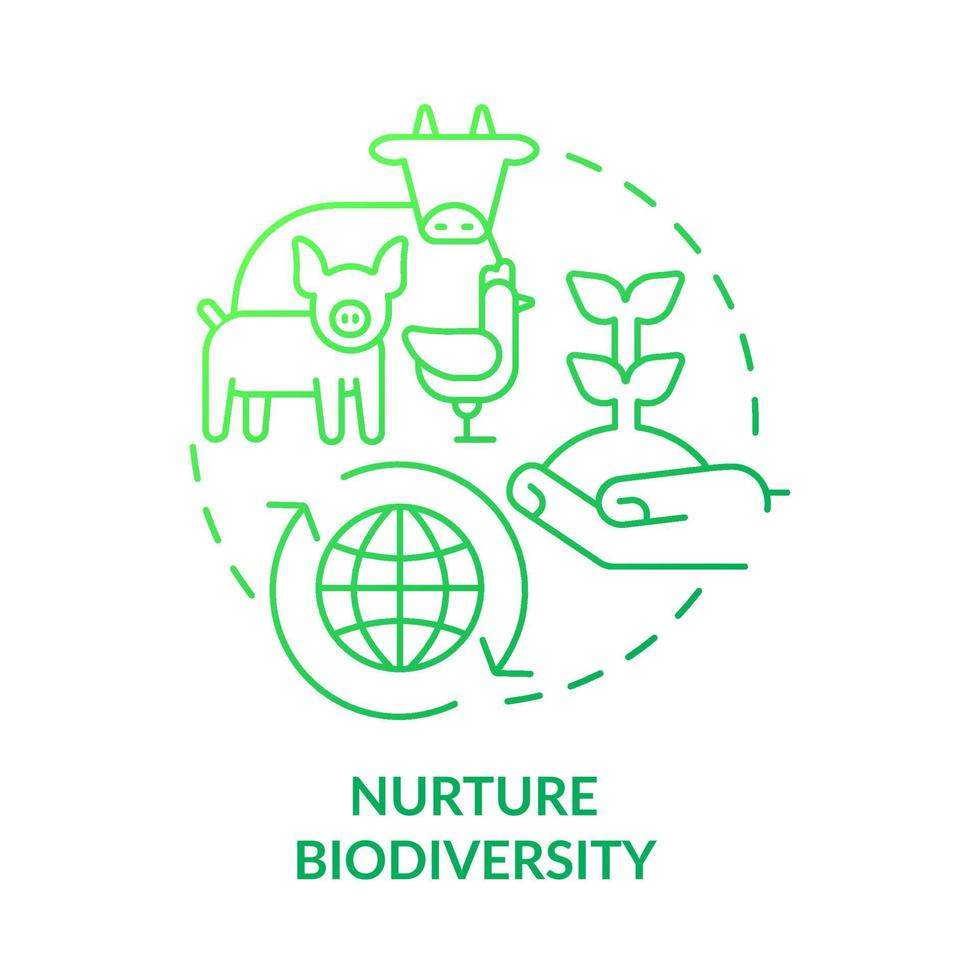 Nurture biodiversity green gradient concept icon. Production of farm. Shift to regenerative culture abstract idea thin line illustration. Isolated outline drawing. Myriad Pro-Bold font used vector