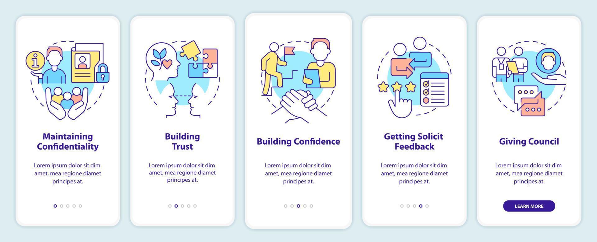 HR communicative skills onboarding mobile app screen. Business walkthrough 5 steps graphic instructions pages with linear concepts. UI, UX, GUI template. Myriad Pro-Bold, Regular fonts used vector
