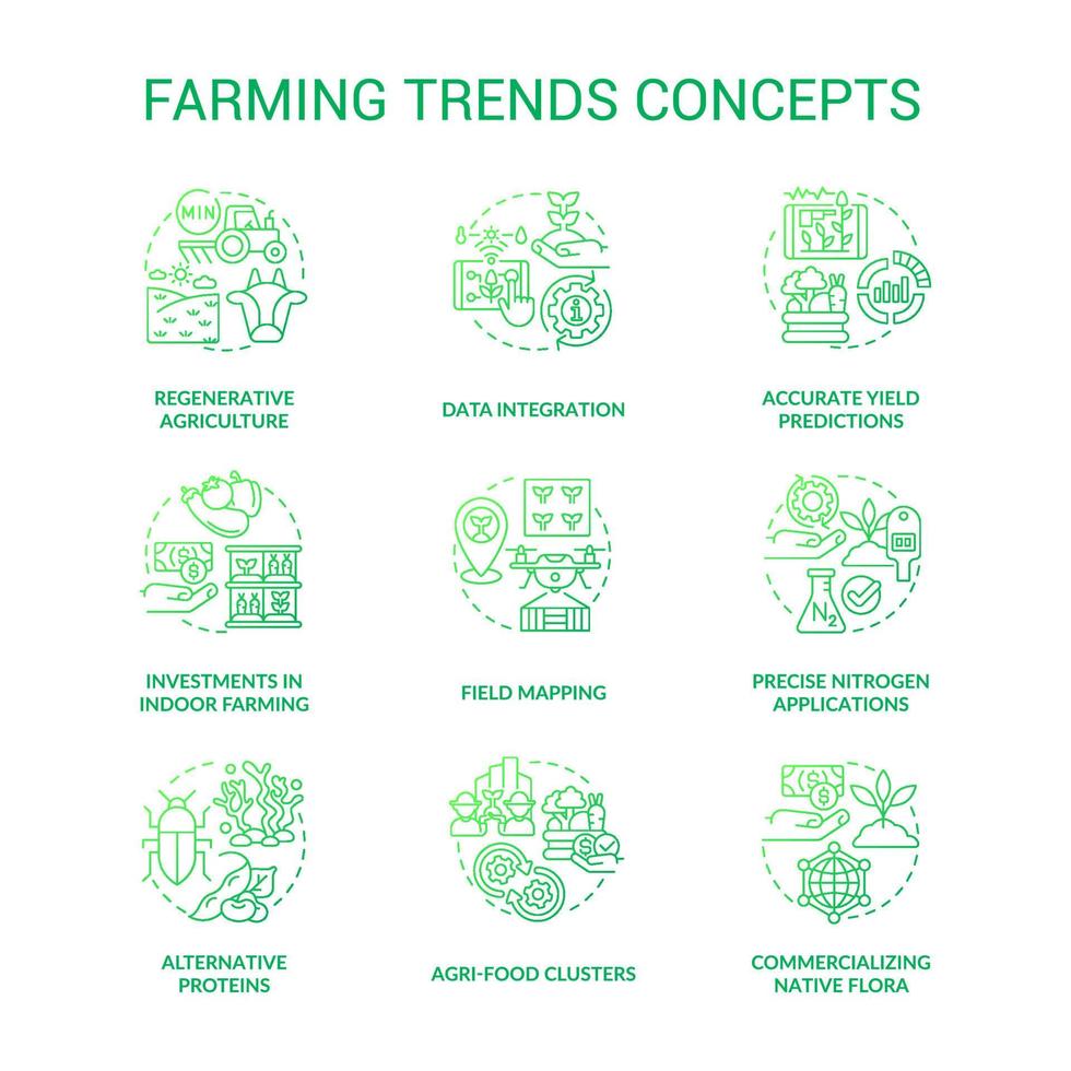 conjunto de iconos de concepto de gradiente verde de tendencias agrícolas. innovaciones en agricultura idea ilustraciones en color de línea delgada. símbolos aislados. trazo editable. roboto-medium, innumerables fuentes pro-bold utilizadas vector