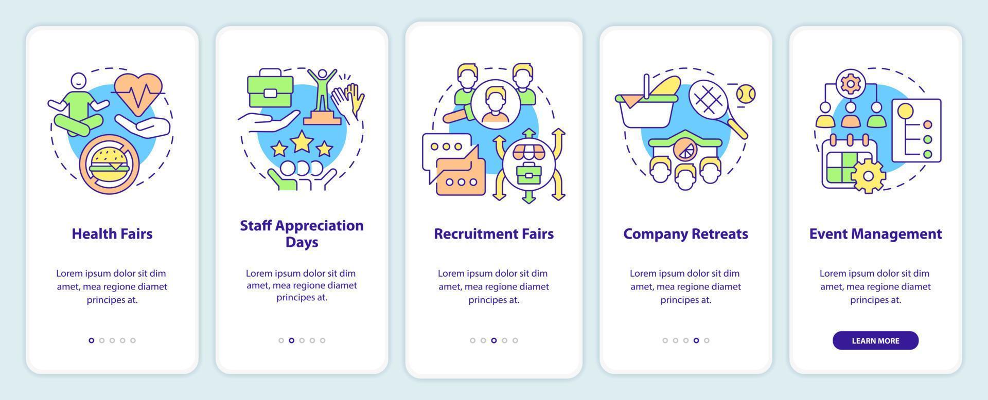 HR organizing skills onboarding mobile app screen. Corporate walkthrough 5 steps graphic instructions pages with linear concepts. UI, UX, GUI template. Myriad Pro-Bold, Regular fonts used vector