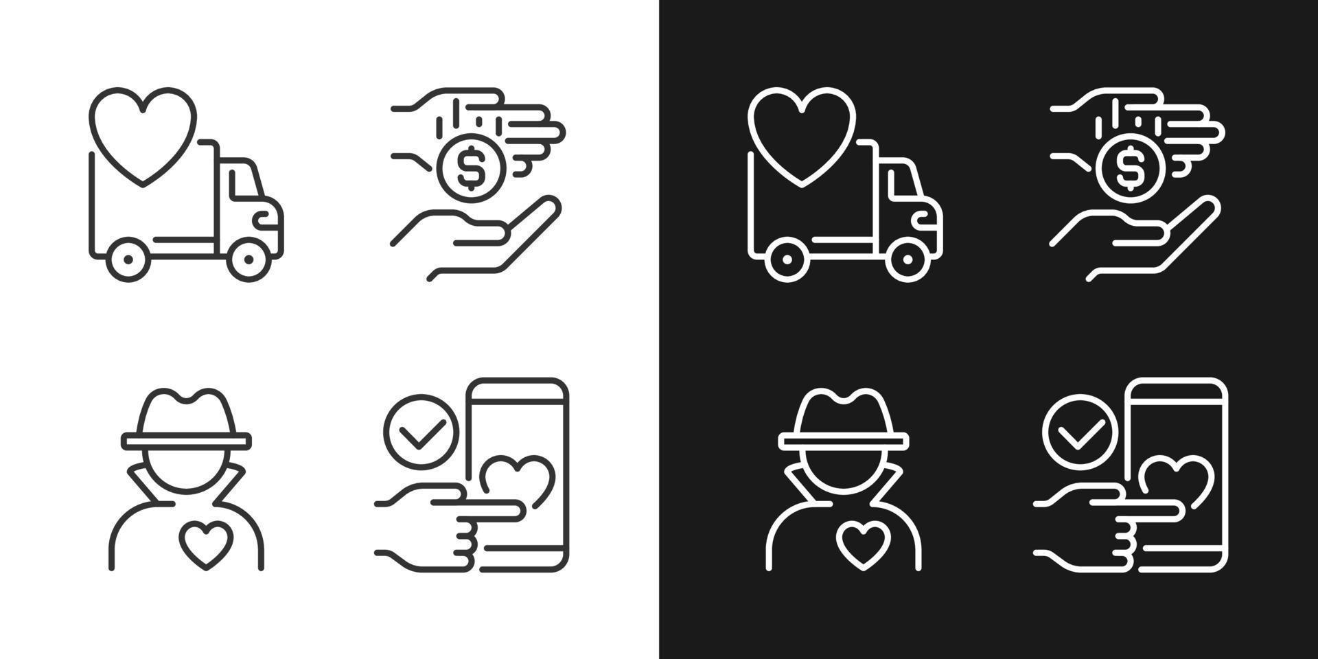 Public charity pixel perfect linear icons set for dark, light mode. Donating motor vehicle. Anonymous donor. Thin line symbols for night, day theme. Isolated illustrations. Editable stroke vector