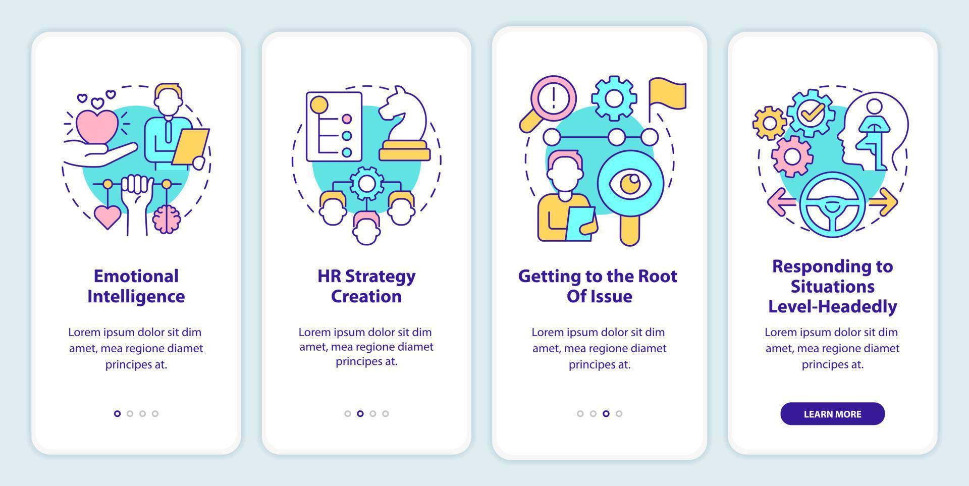 HR soft skills onboarding mobile app screen. Hiring work walkthrough 4 steps graphic instructions pages with linear concepts. UI, UX, GUI template. Myriad Pro-Bold, Regular fonts used vector