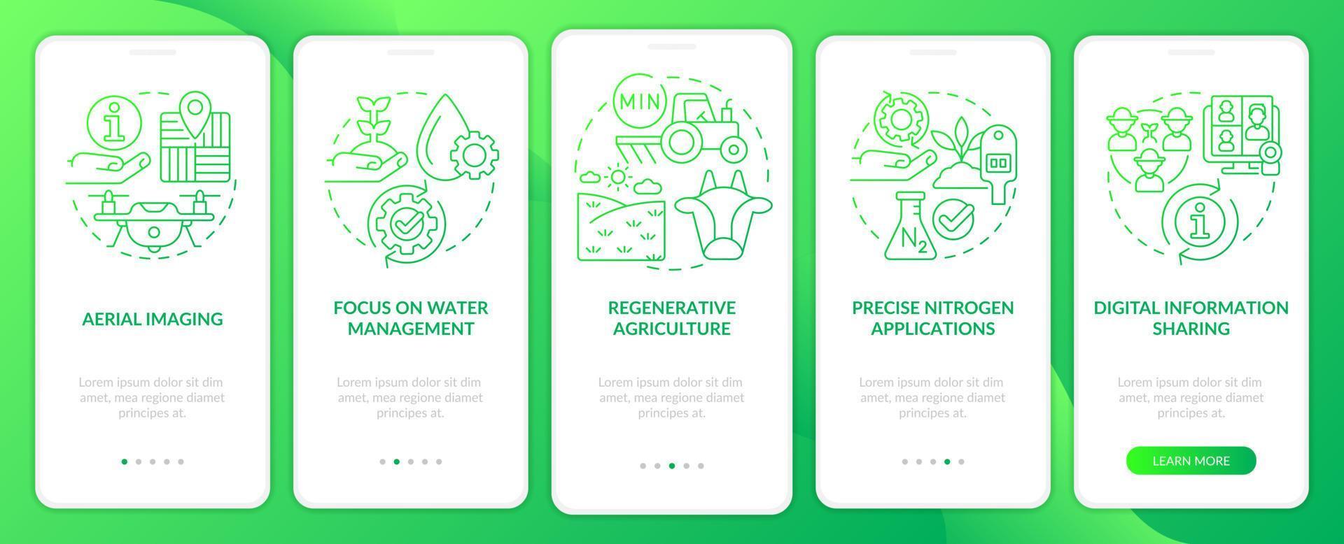 Trends in agriculture green gradient onboarding mobile app screen. Walkthrough 5 steps graphic instructions pages with linear concepts. UI, UX, GUI template. Myriad Pro-Bold, Regular fonts used vector