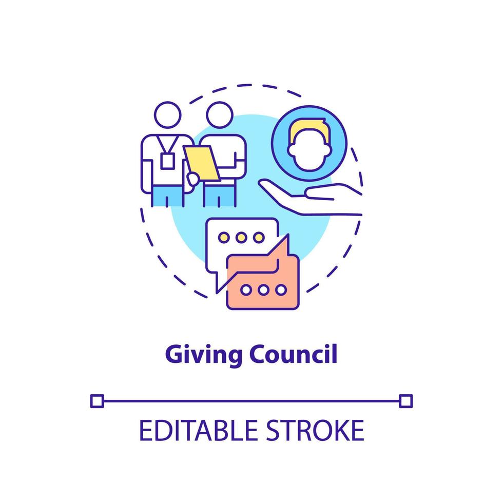 Giving council concept icon. Coach support and corporate education. HR skills abstract idea thin line illustration. Isolated outline drawing. Editable stroke. Arial, Myriad Pro-Bold fonts used vector