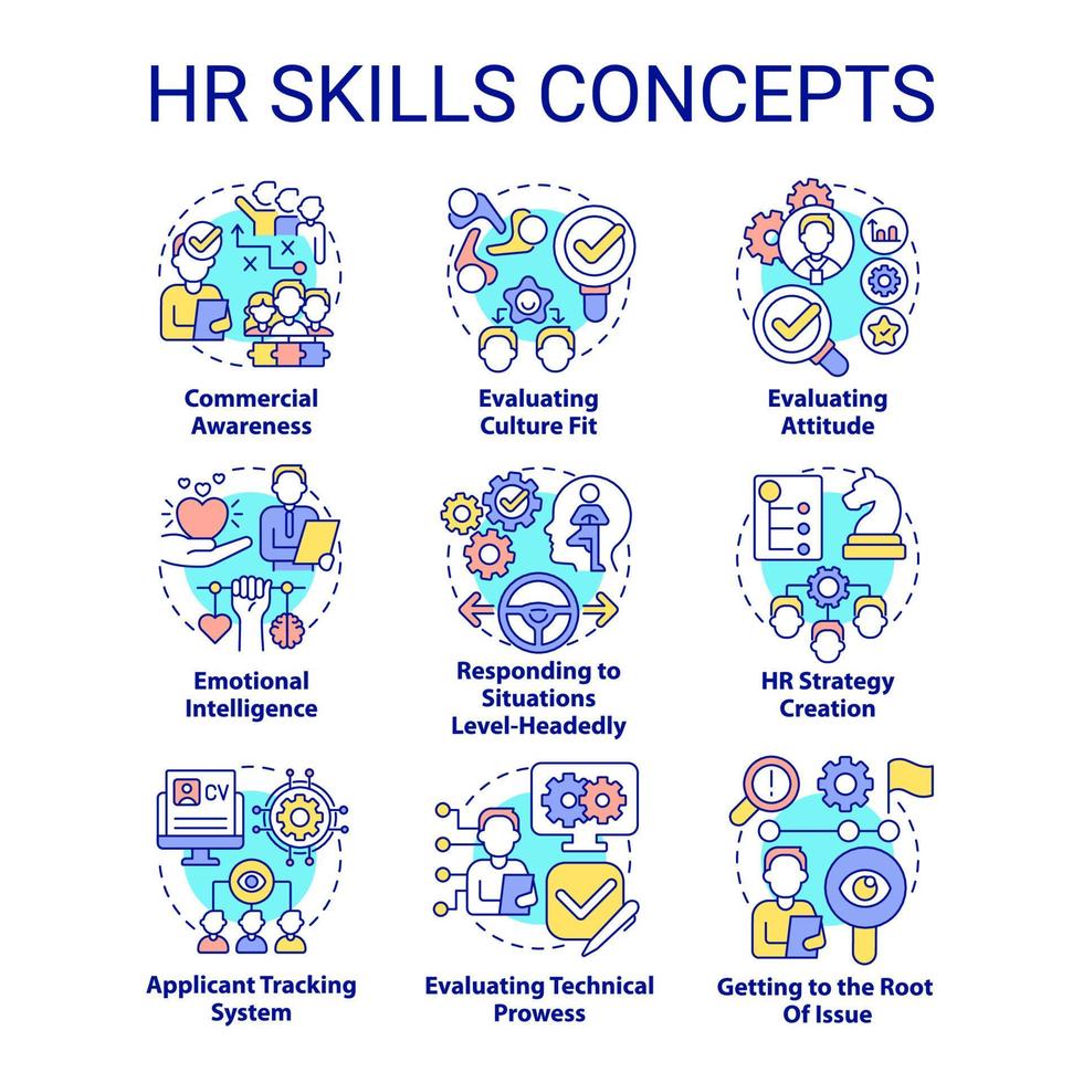 conjunto de iconos de concepto de habilidades de recursos humanos. Recursos humanos relacionados con la tecnología. ilustraciones de color de línea delgada de idea de negocio y carrera. símbolos aislados. trazo editable. roboto-medium, innumerables fuentes pro-bold utilizadas vector