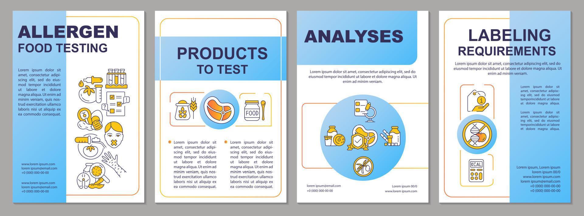 Food sensitivity test blue brochure template. Labeling requirements. Leaflet design with linear icons. 4 vector layouts for presentation, annual reports. Arial, Myriad Pro-Regular fonts used