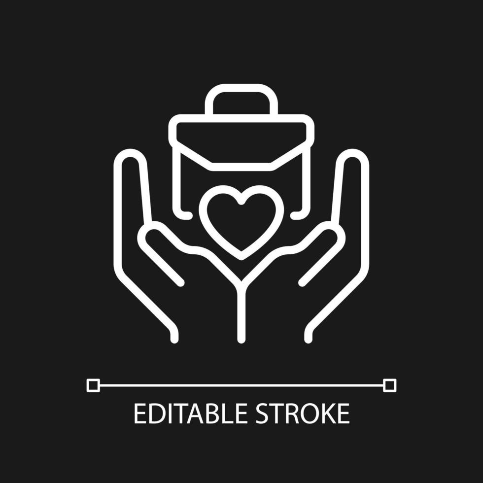 Social responsibility pixel perfect white linear icon for dark theme. Workplace giving program. Thin line illustration. Isolated symbol for night mode. Editable stroke. Arial font used vector