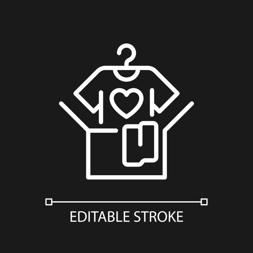 Clothes donation pixel perfect white linear icon for dark theme. Donating clothing. Give away goods for free. Thin line illustration. Isolated symbol for night mode. Editable stroke. Arial font used vector