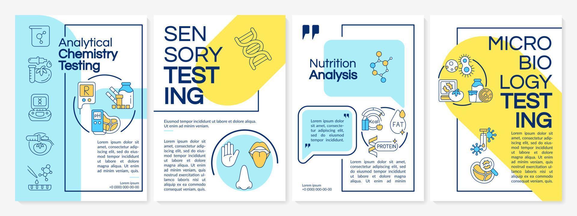 Food analysis blue and yellow brochure template. Microbiology testing. Leaflet design with linear icons. 4 vector layouts for presentation, annual reports. Questrial, Lato-Regular fonts used