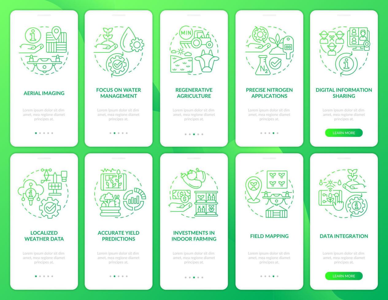 Farming trends green gradient onboarding mobile app screen set. Walkthrough 5 steps graphic instructions pages with linear concepts. UI, UX, GUI template. Myriad Pro-Bold, Regular fonts used vector