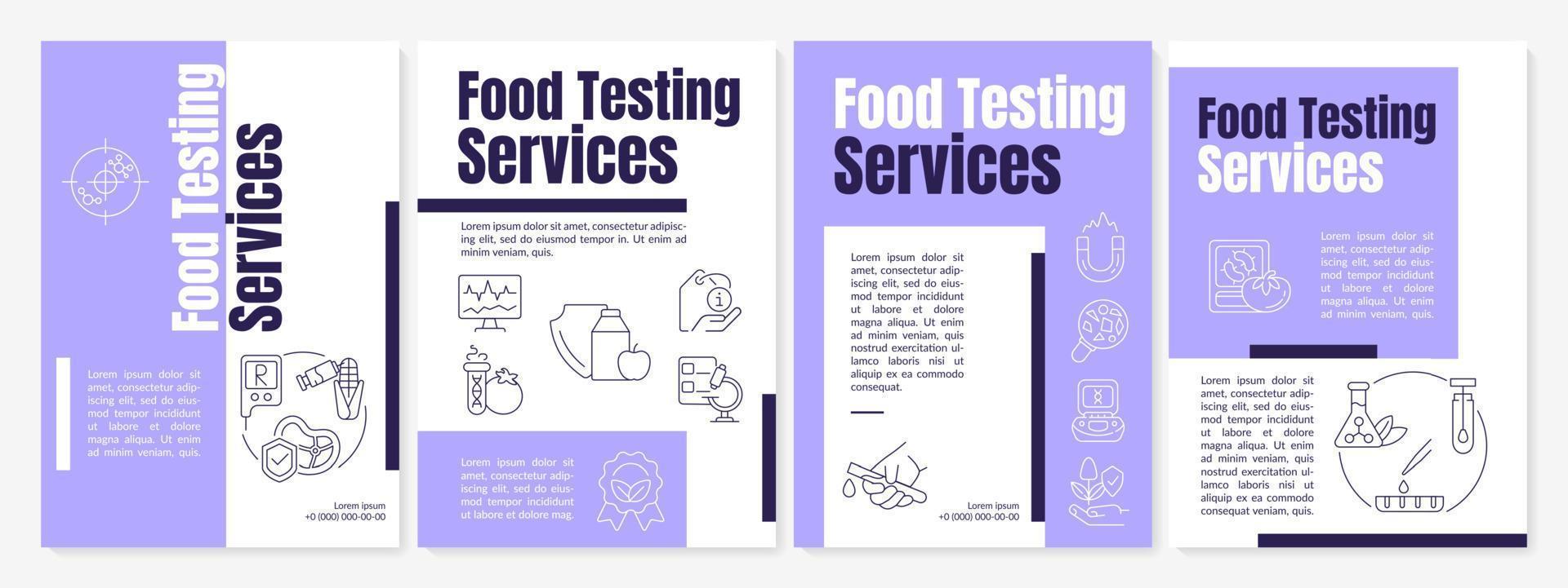 Food testing lab services purple brochure template. Laboratory analysis. Leaflet design with linear icons. 4 vector layouts for presentation, annual reports. Anton, Lato-Regular fonts used