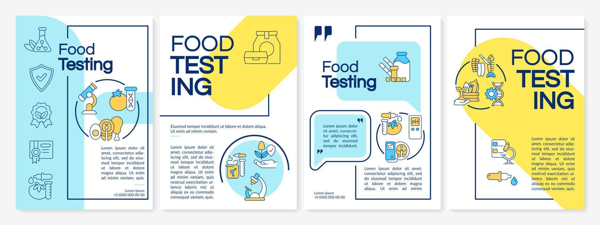 plantilla de folleto azul y amarillo de evaluación de productos alimenticios. examen de certificacion diseño de folletos con iconos lineales. 4 diseños vectoriales para presentación, informes anuales. fuentes questrial, lato-regular utilizadas vector