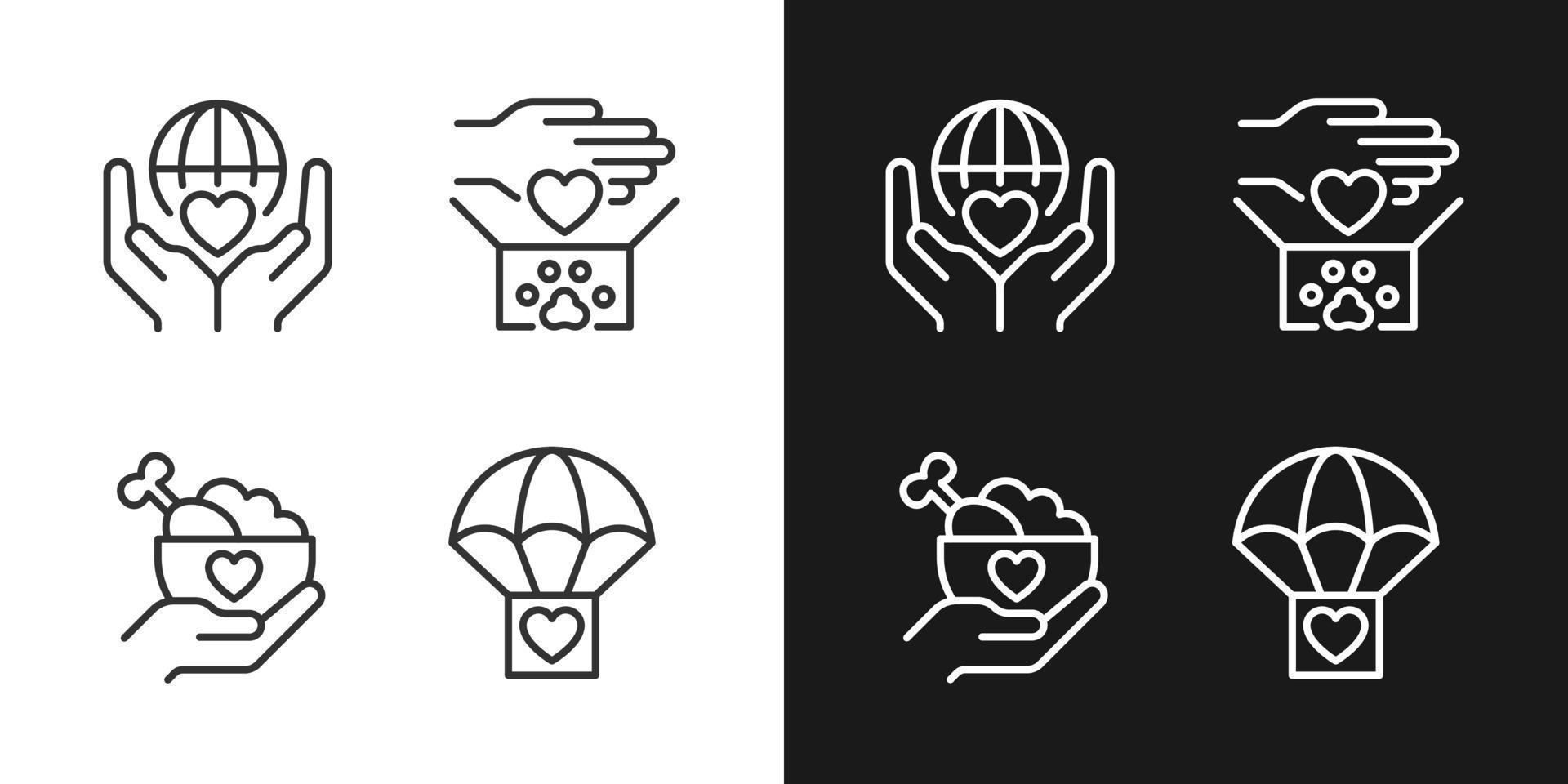 Helping others pixel perfect linear icons set for dark, light mode. Charitable organization. Animal donation. Thin line symbols for night, day theme. Isolated illustrations. Editable stroke vector