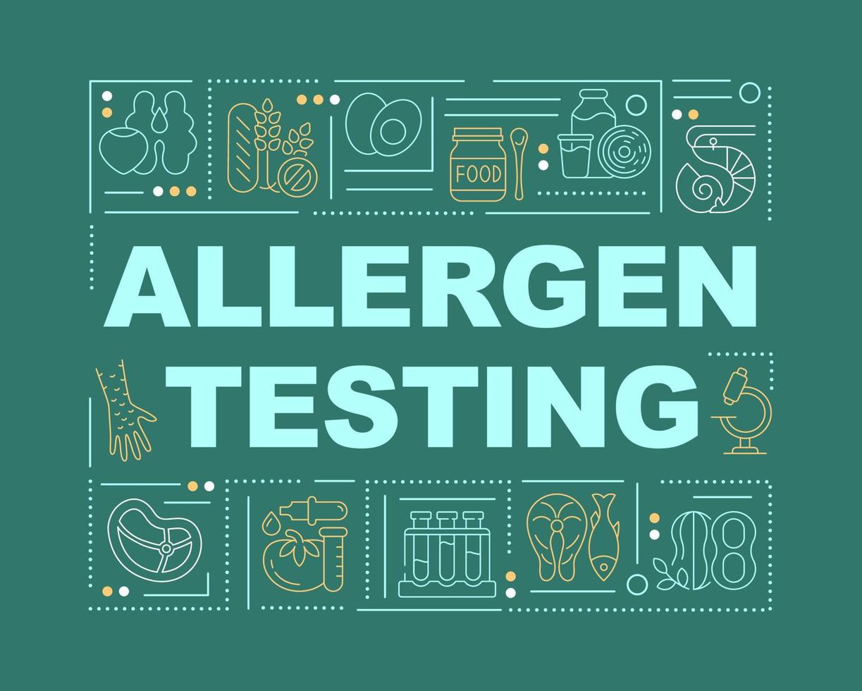 Allergy-causing substances evaluation word concepts dark green banner. Infographics with icons on color background. Isolated typography. Vector illustration with text. Arial-Black font used