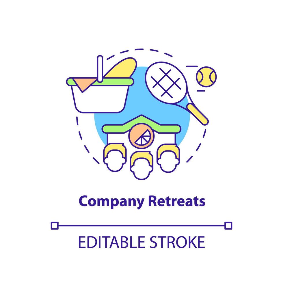 Company retreats concept icon. Corporate recreation. HR organizing skills abstract idea thin line illustration. Isolated outline drawing. Editable stroke. Arial, Myriad Pro-Bold fonts used vector