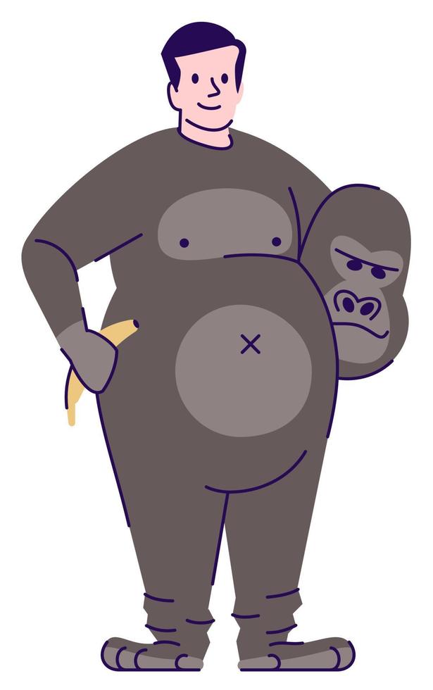 Man wearing gorilla costume semi flat RGB color vector illustration. Posing figure. Entertainment industry career. Professional zoo mascot performer isolated cartoon character on white background