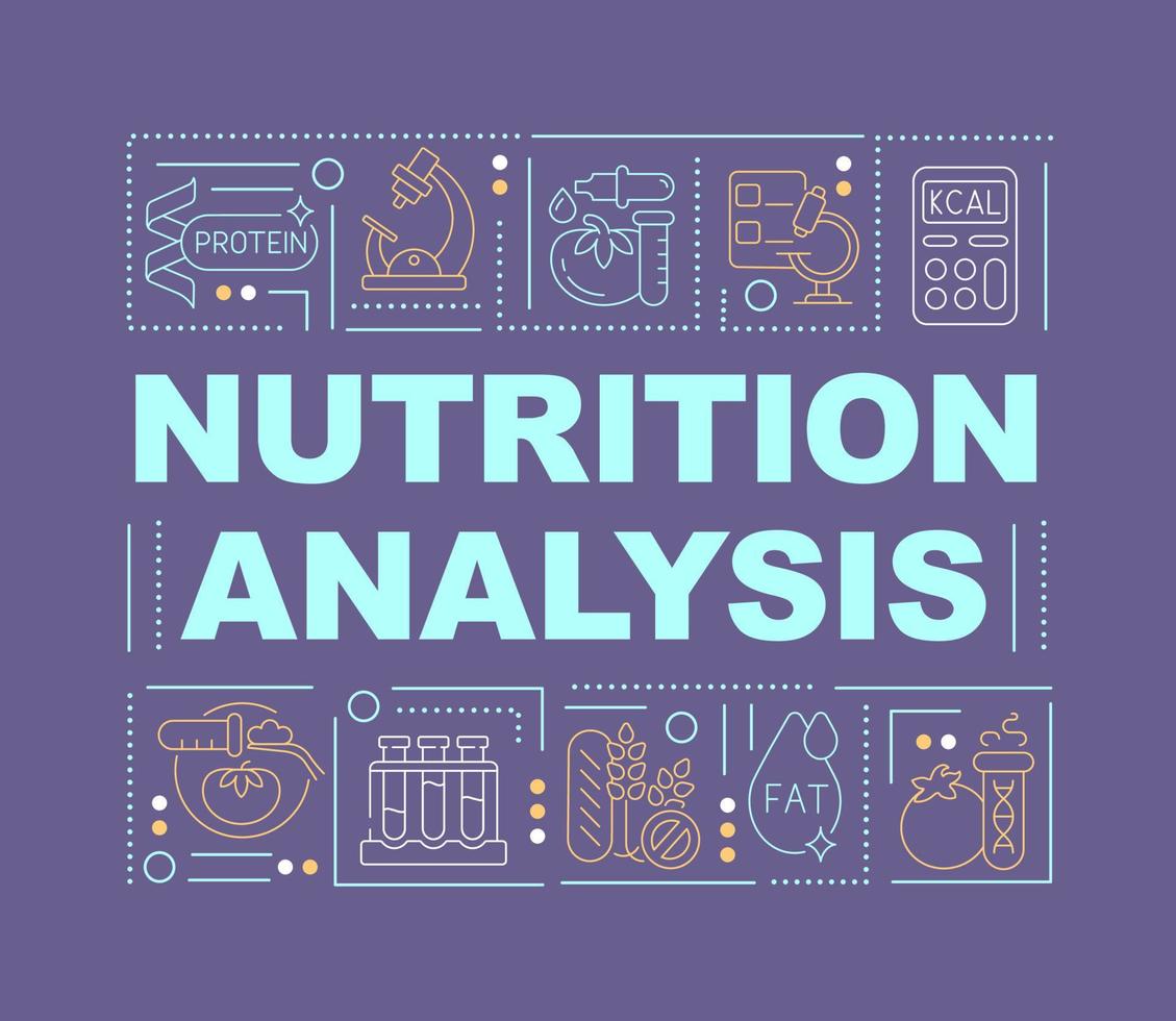 Nutritional testing word concepts dark purple banner. Food safety tests. Infographics with icons on color background. Isolated typography. Vector illustration with text. Arial-Black font used