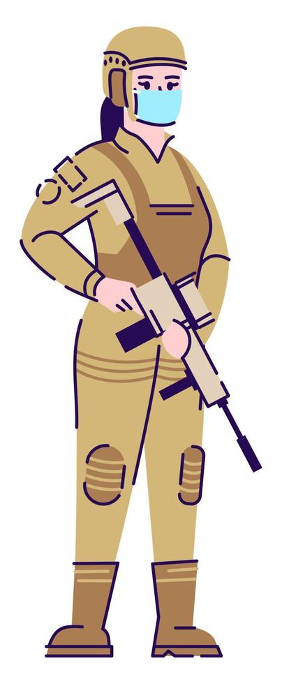 Ilustración de vector de color rgb semiplano de miembro del servicio militar. figura posando. medidas preventivas. mujer soldado con máscara protectora personaje de dibujos animados aislado sobre fondo blanco