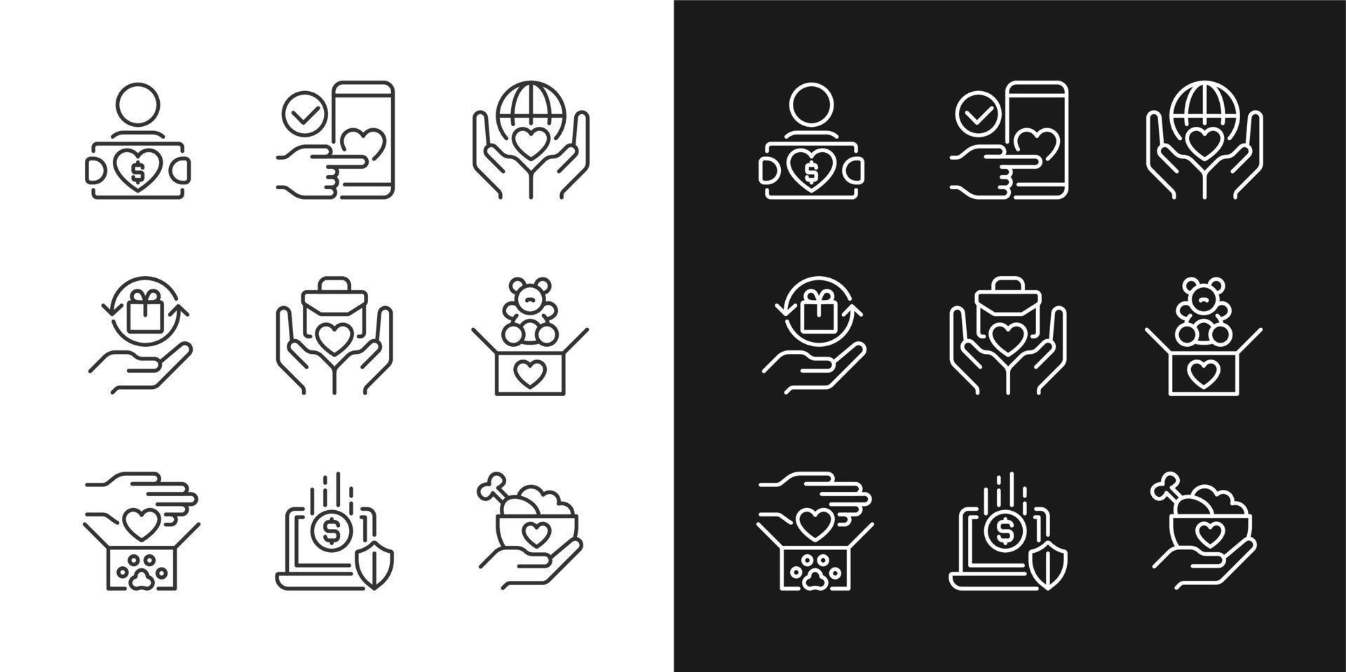 Donating to multiple charities pixel perfect linear icons set for dark, light mode. Charitable organization. Thin line symbols for night, day theme. Isolated illustrations. Editable stroke vector