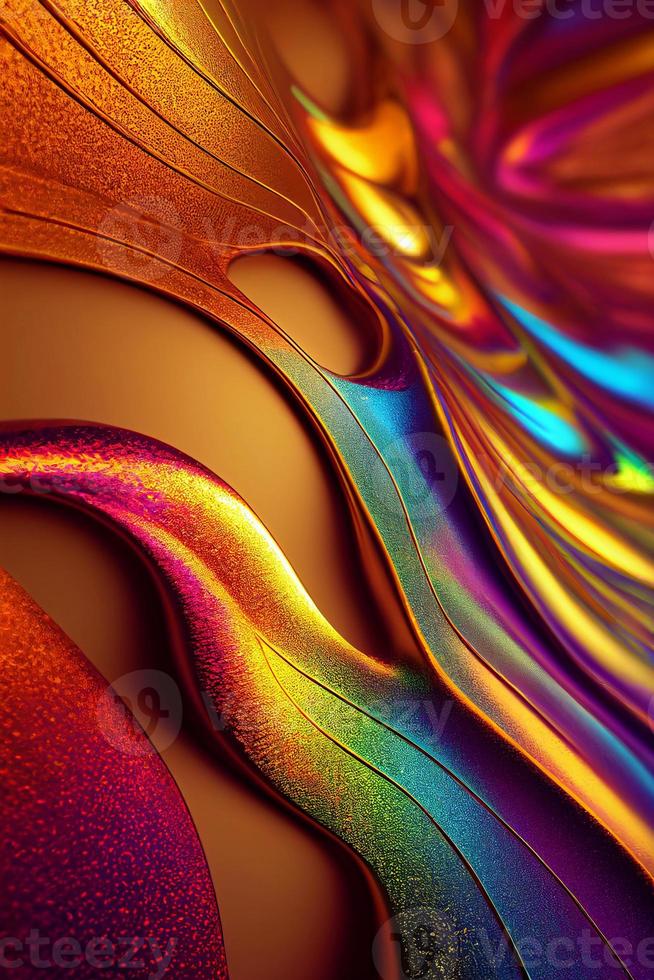 A computer generated illustration of abstract lines of metallic ink paint texture pouring together blending to form gradients. A.I. generated art. photo