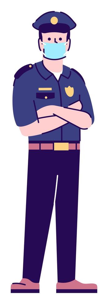 Police department semi flat RGB color vector illustration. Standing figure with crossed arms. Preventative measure for covid. Policeman wearing face mask isolated cartoon character on white background