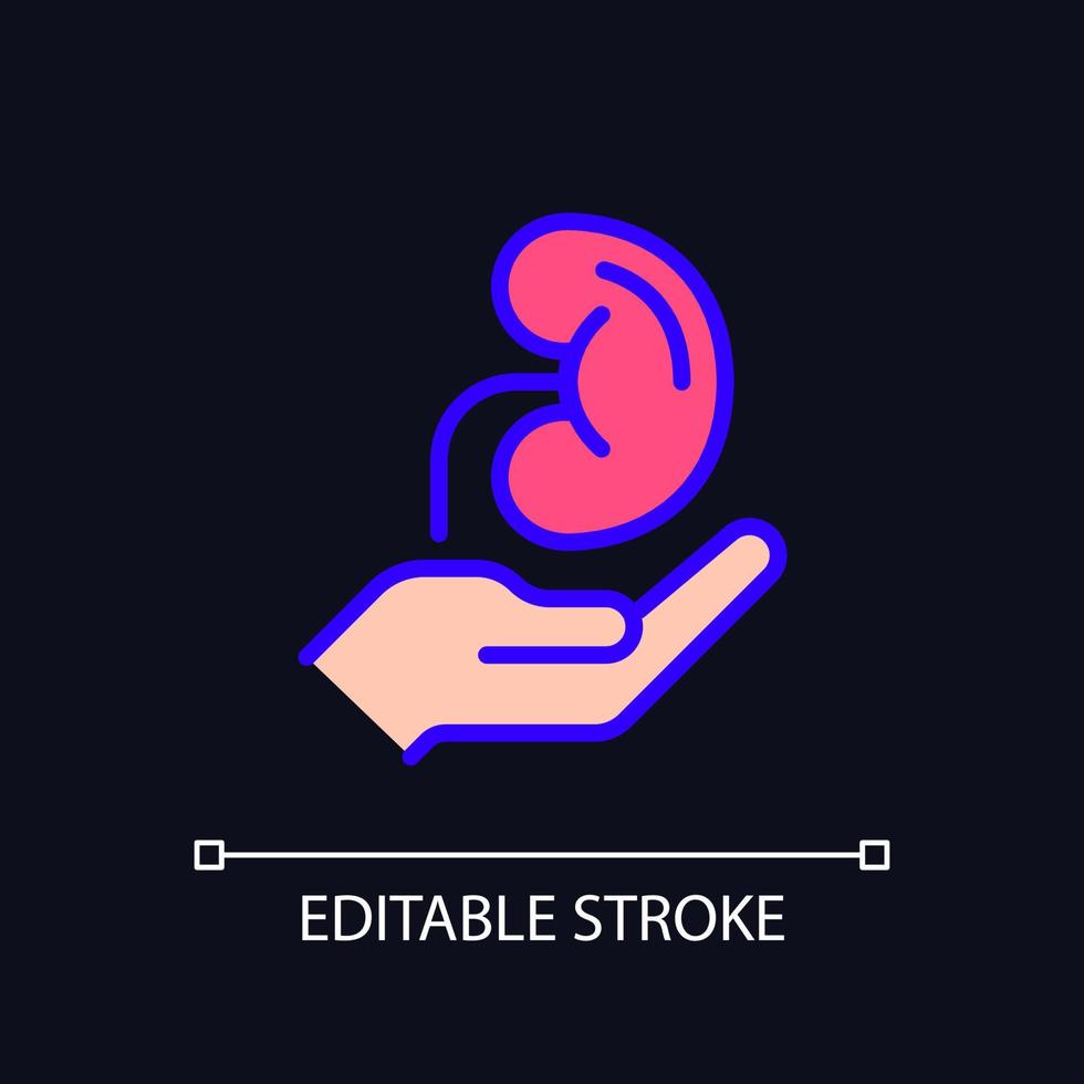 Organ donation pixel perfect RGB color icon for dark theme. Living, deceased body parts offer. Transplantation. Simple filled line drawing on night mode background. Editable stroke. Arial font used vector