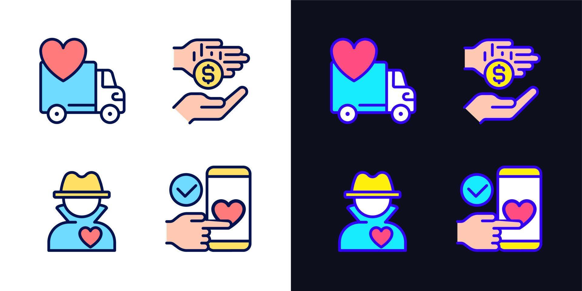 Public charity pixel perfect light and dark theme color icons set. Donating motor vehicle. Anonymous donor. Simple filled line drawings. Bright cliparts on white and black. Editable stroke vector