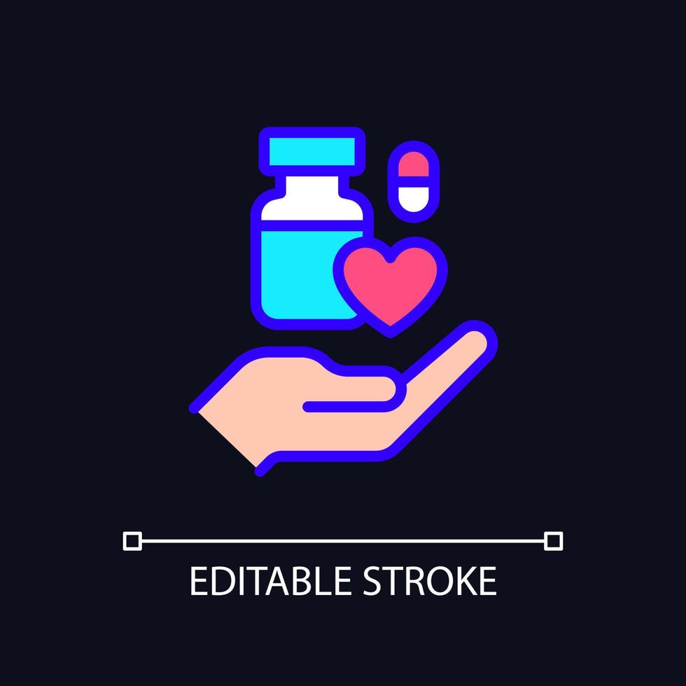 Medical donation pixel perfect RGB color icon for dark theme. Unused medicine disposal. Donating returned drugs. Simple filled line drawing on night mode background. Editable stroke. Arial font used vector