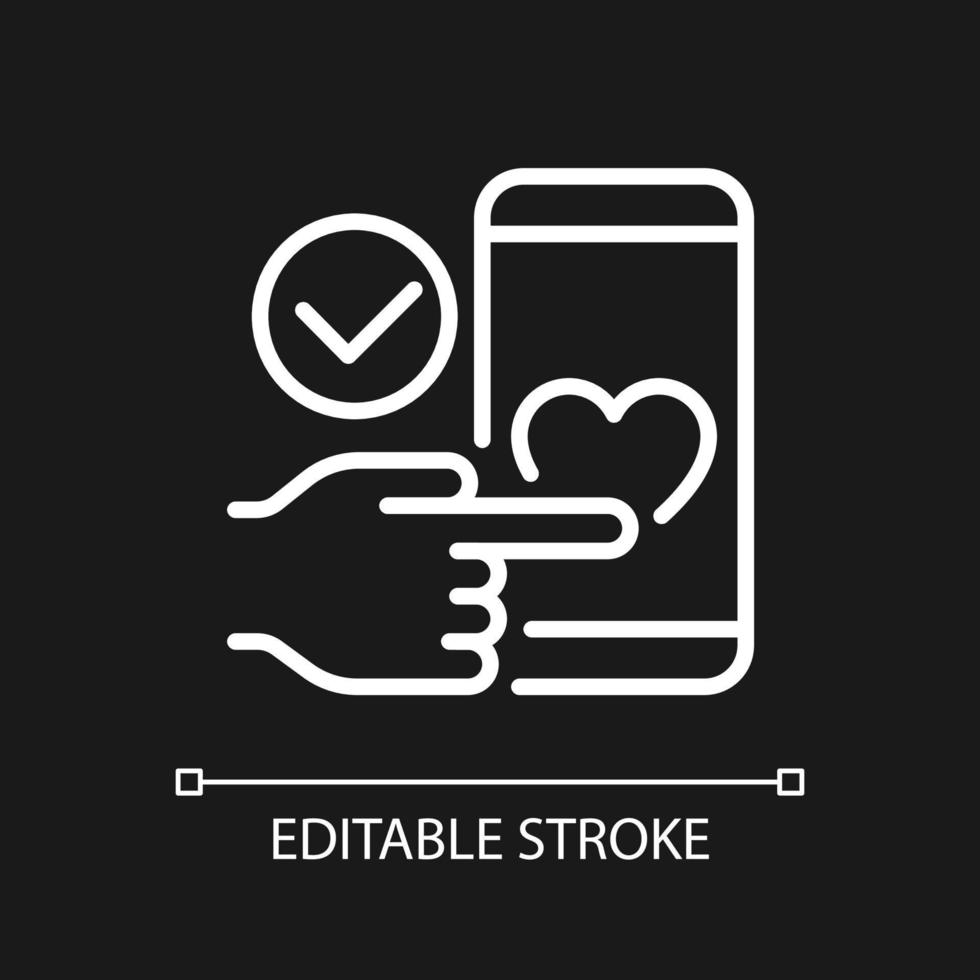 Mobile donation pixel perfect white linear icon for dark theme. Donating money through smartphone. Fundraising. Thin line illustration. Isolated symbol for night mode. Editable stroke. Arial font used vector