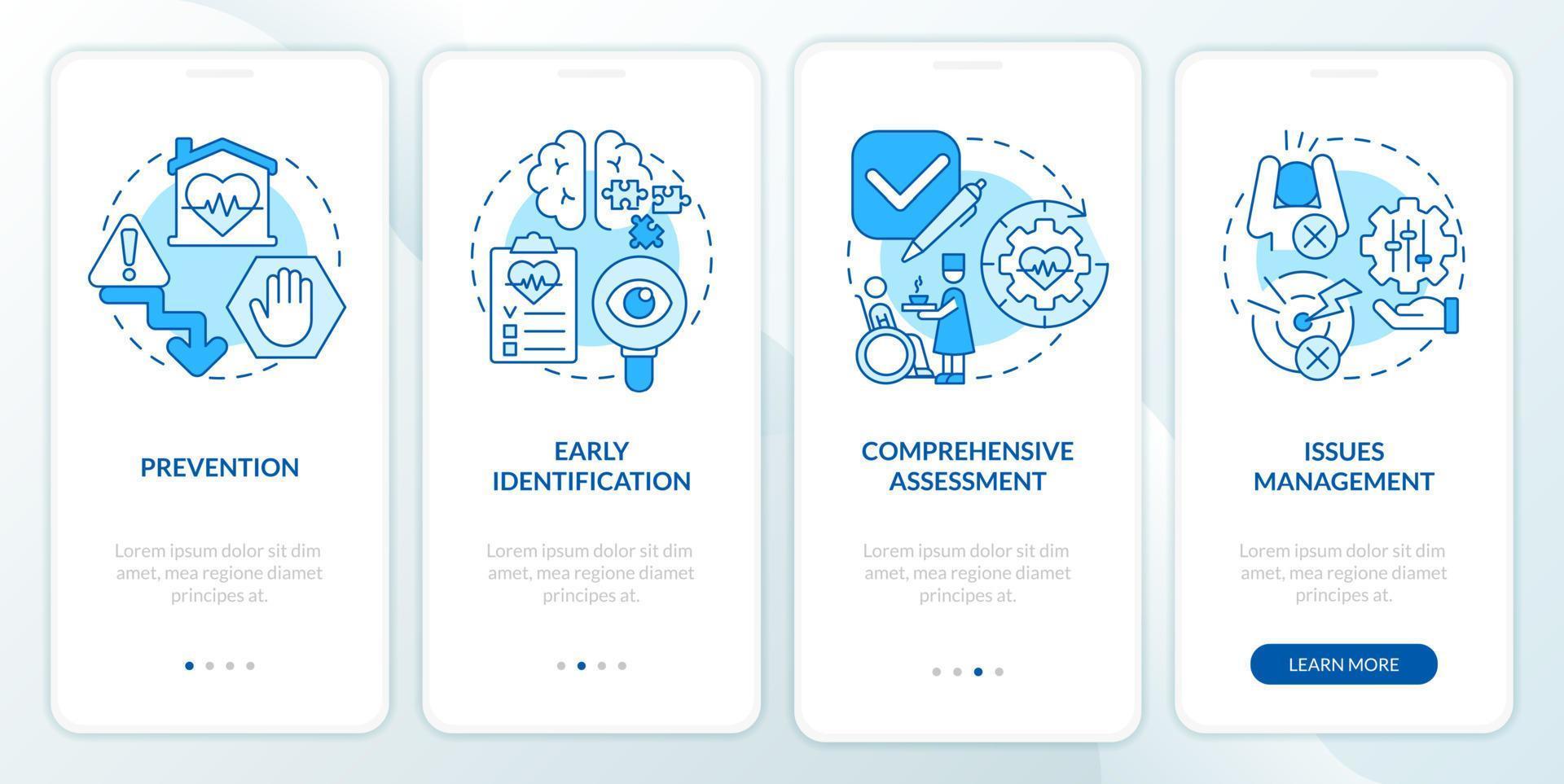 Palliative care stages blue onboarding mobile app screen. Healthcare walkthrough 4 steps graphic instructions pages with linear concepts. UI, UX, GUI template. Myriad Pro-Bold, Regular fonts used vector