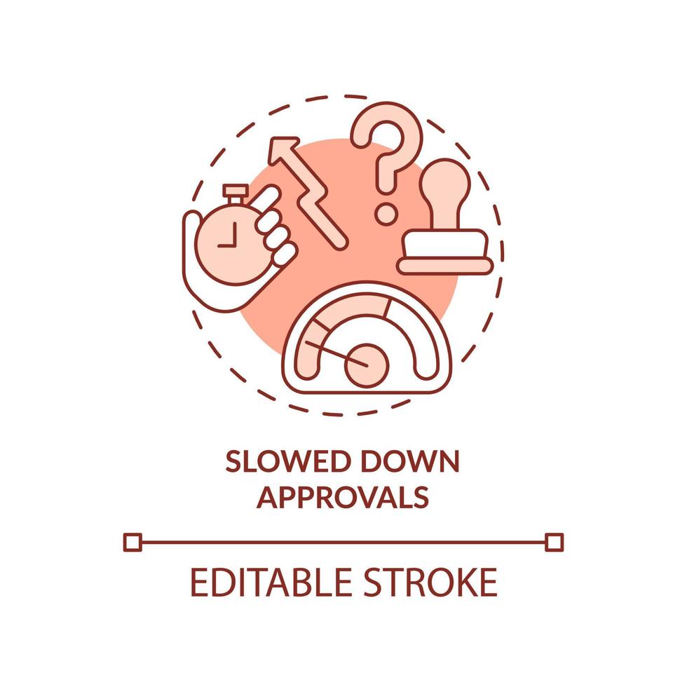 Slowed down approvals red concept icon. Decision making time. BPA challenges abstract idea thin line illustration. Isolated outline drawing. Editable stroke. Arial, Myriad Pro-Bold fonts used vector