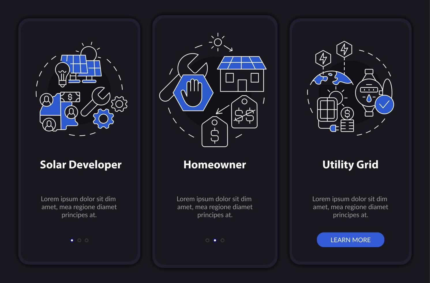 Power purchase agreements night mode onboarding mobile app screen. PPA walkthrough 3 steps graphic instructions pages with linear concepts. UI, UX, GUI template. Myriad Pro-Bold, Regular fonts used vector