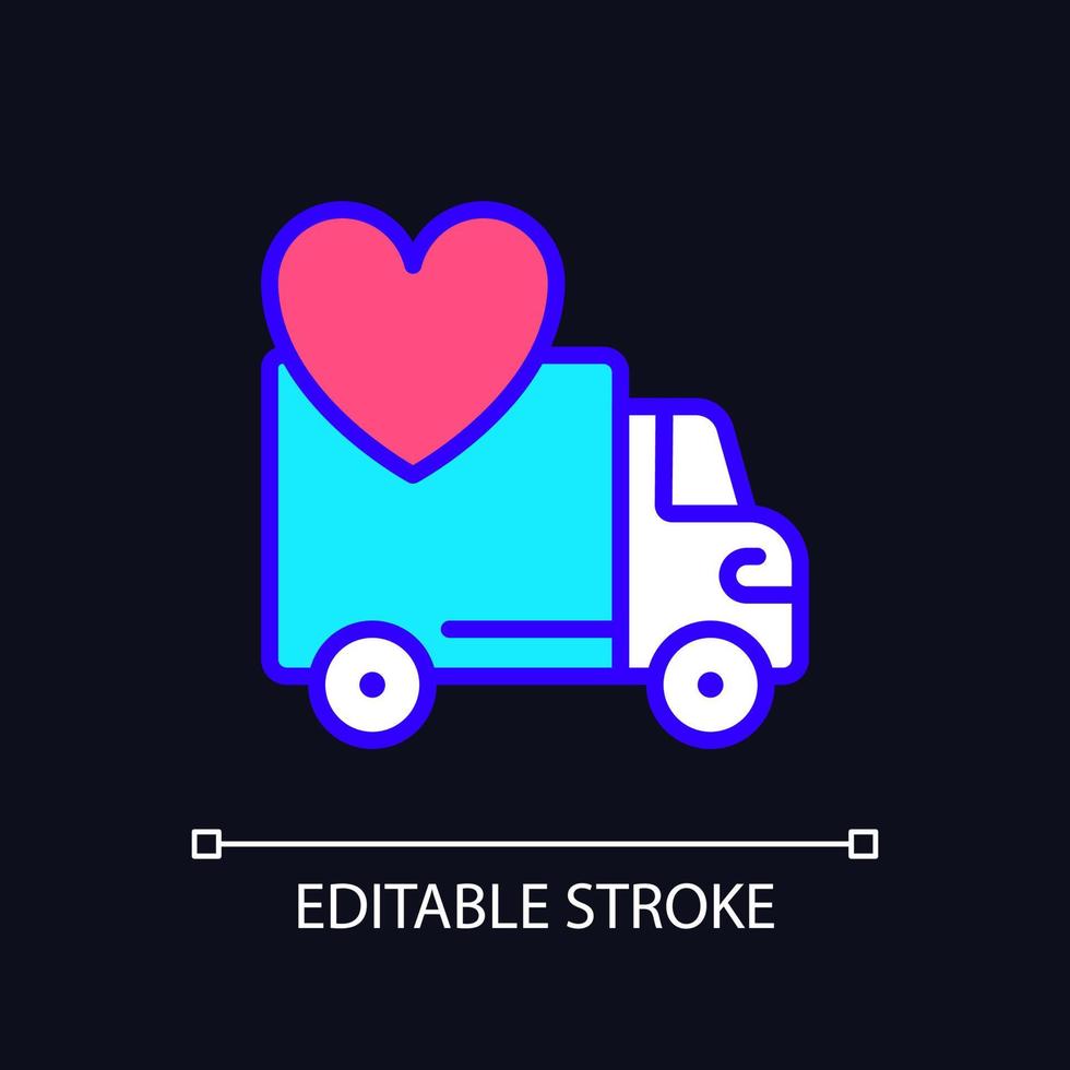 Vehicle donation pixel perfect RGB color icon for dark theme. Charitable auto dealership. Give away unwanted auto. Simple filled line drawing on night mode background. Editable stroke. Arial font used vector
