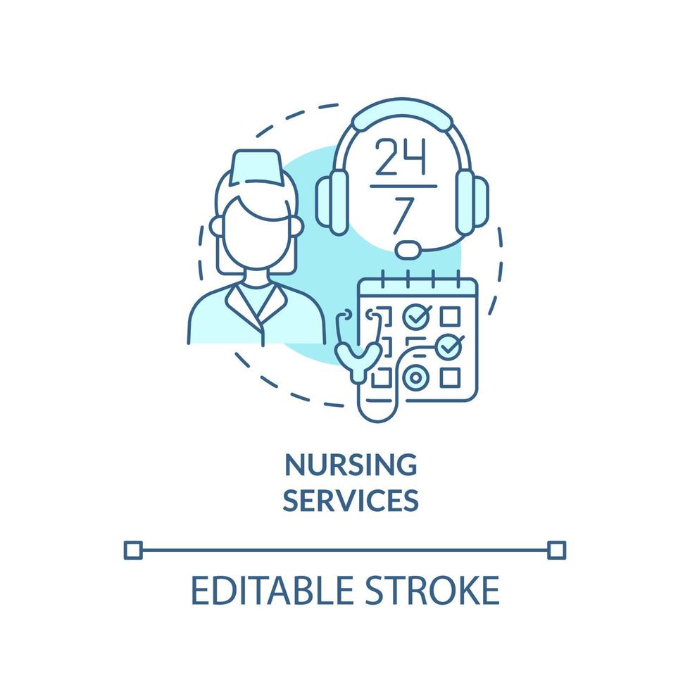Nursing services turquoise concept icon. Professional patient care. Hospice services abstract idea thin line illustration. Isolated outline drawing. Editable stroke. Arial, Myriad Pro-Bold fonts used vector