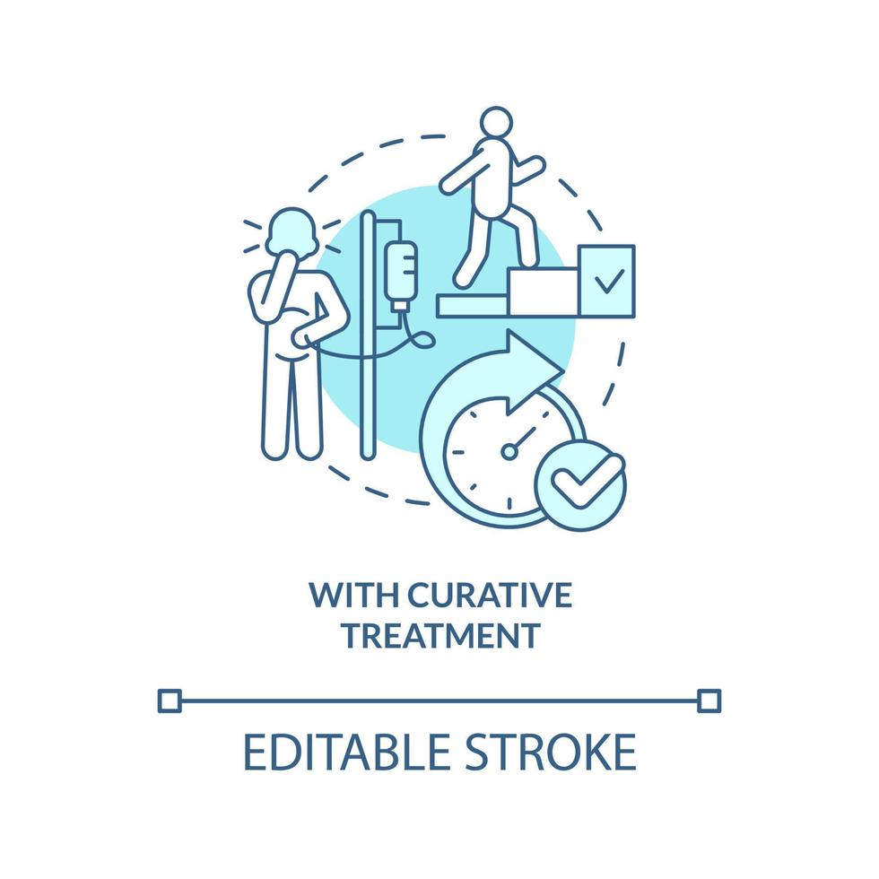 With curative treatment turquoise concept icon. Palliative care characteristic abstract idea thin line illustration. Isolated outline drawing. Editable stroke. Arial, Myriad Pro-Bold fonts used vector