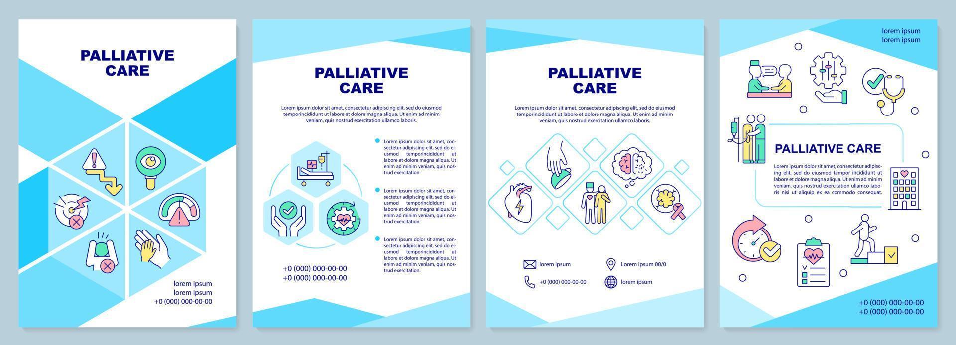 Palliative care blue brochure template. Healthcare service. Leaflet design with linear icons. 4 vector layouts for presentation, annual reports. Arial-Black, Myriad Pro-Regular fonts used