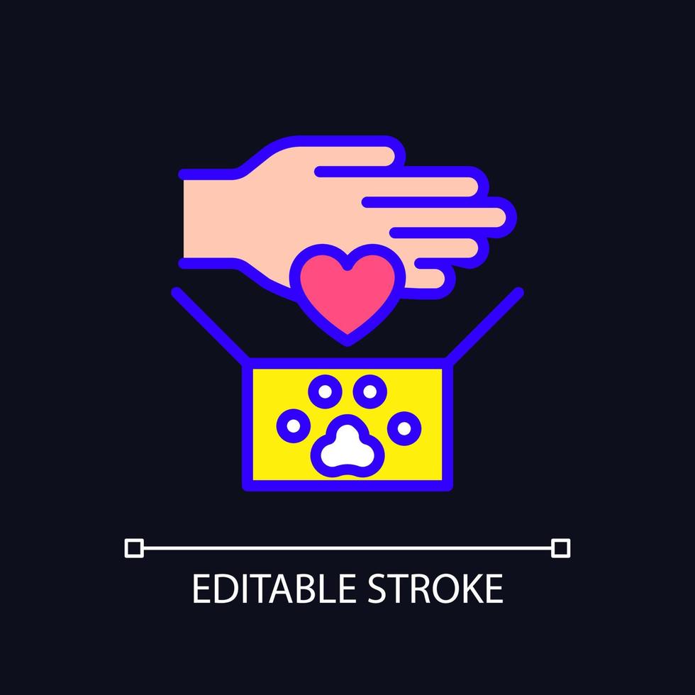 Animal donations pixel perfect RGB color icon for dark theme. Raising money for shelter. Protecting pets. Simple filled line drawing on night mode background. Editable stroke. Arial font used vector