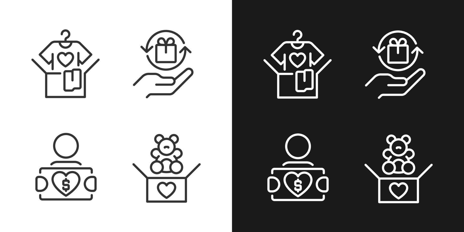 Donating used goods pixel perfect linear icons set for dark, light mode. Second hand clothes. Charitable group. Thin line symbols for night, day theme. Isolated illustrations. Editable stroke vector