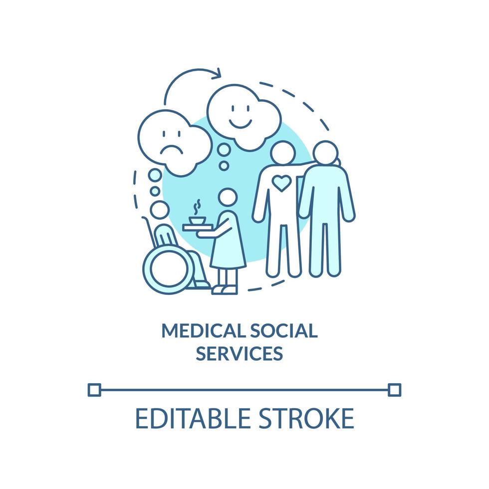 Medical social services turquoise concept icon. Hospice care for patients abstract idea thin line illustration. Isolated outline drawing. Editable stroke. Arial, Myriad Pro-Bold fonts used vector