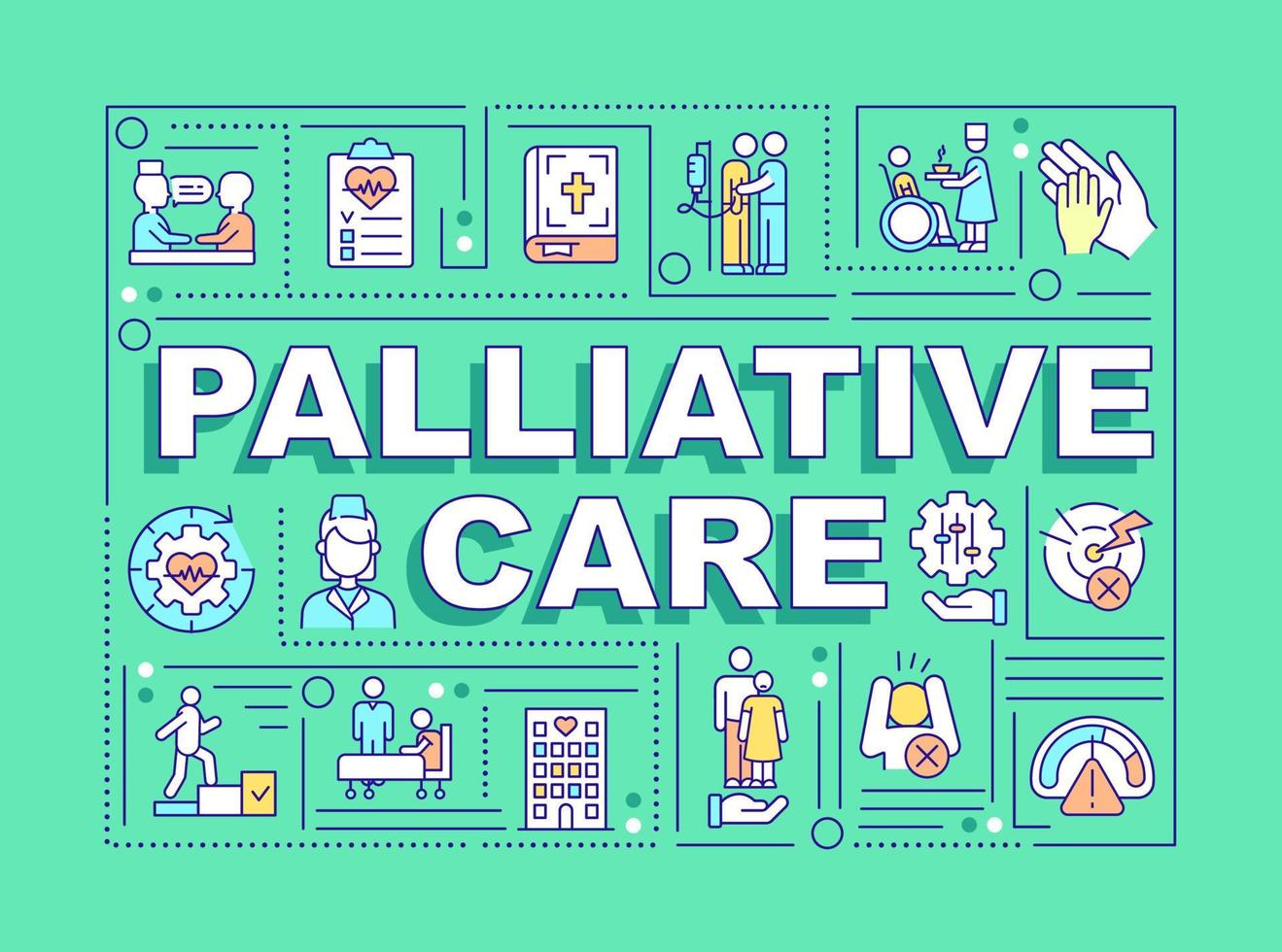 Palliative care word concepts green banner. Patient help program. Infographics with icons on color background. Isolated typography. Vector illustration with text. Arial-Black font used