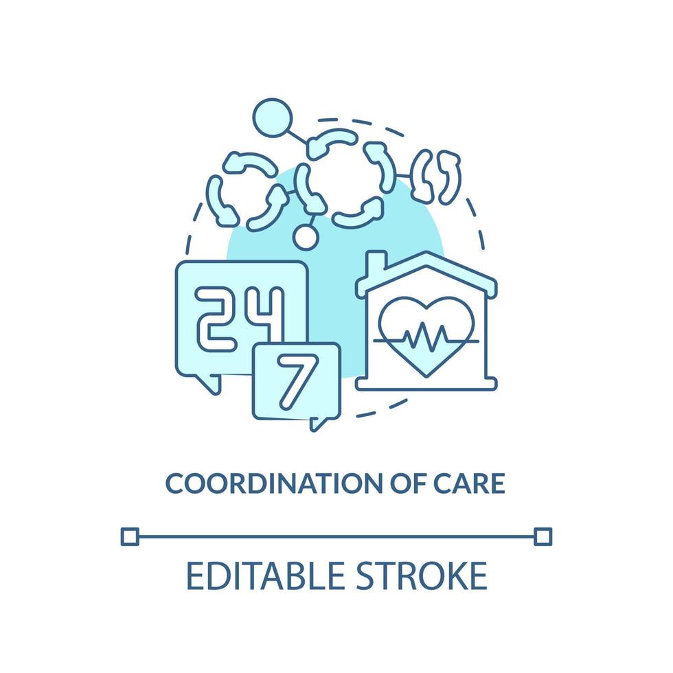 Coordination of care turquoise concept icon. Continual help. Hospice service abstract idea thin line illustration. Isolated outline drawing. Editable stroke. Arial, Myriad Pro-Bold fonts used vector