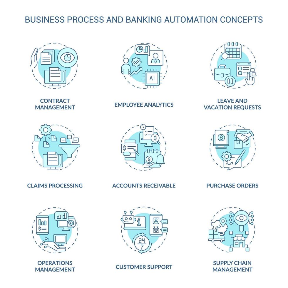 Business process and banking automation turquoise concept icons set. Autonomous tasks idea thin line color illustrations. Isolated symbols. Editable stroke. Roboto-Medium, Myriad Pro-Bold fonts used. vector