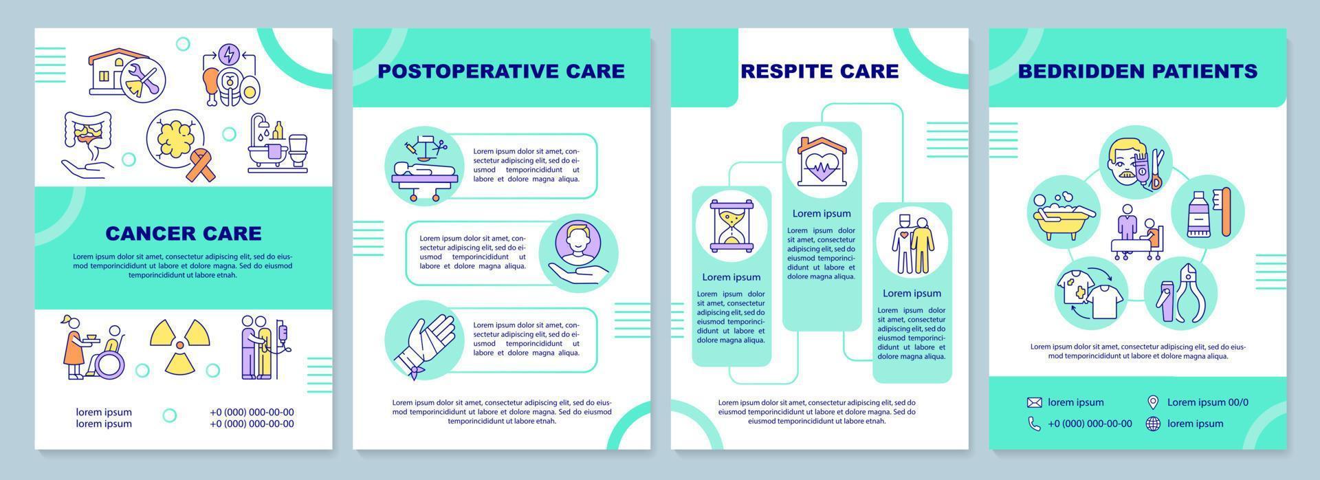 Hospice services mint green brochure template. Patient assistance. Leaflet design with linear icons. 4 vector layouts for presentation, annual reports. Arial-Black, Myriad Pro-Regular fonts used