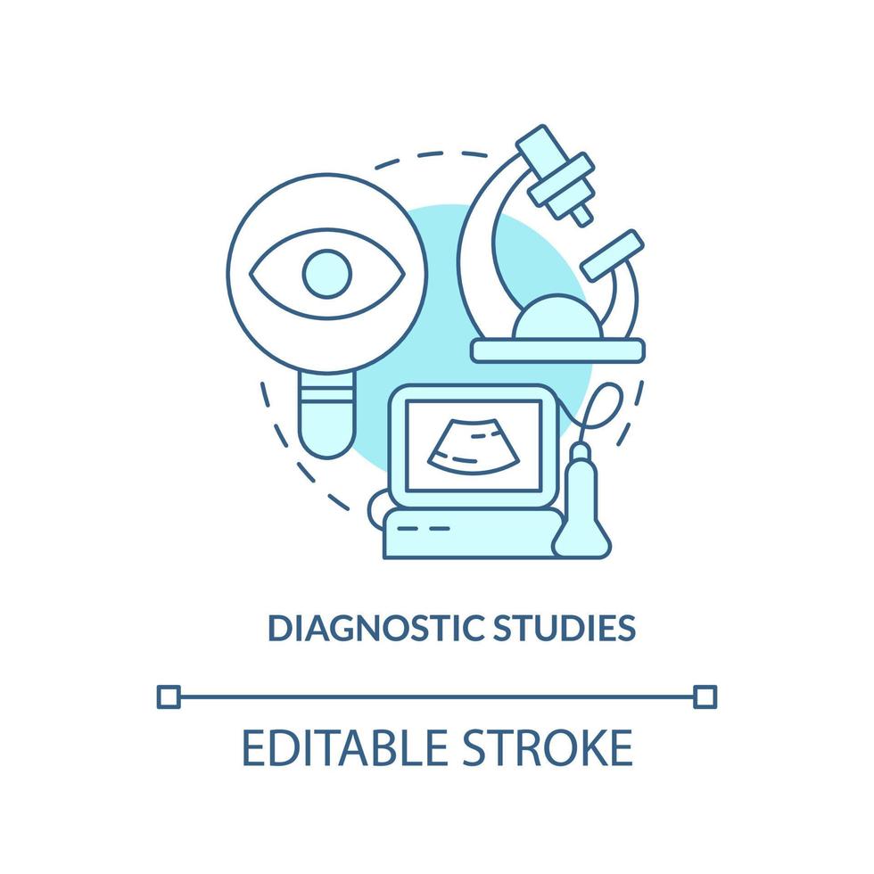 Diagnostic studies turquoise concept icon. Hospice service and equipment abstract idea thin line illustration. Isolated outline drawing. Editable stroke. Arial, Myriad Pro-Bold fonts used vector