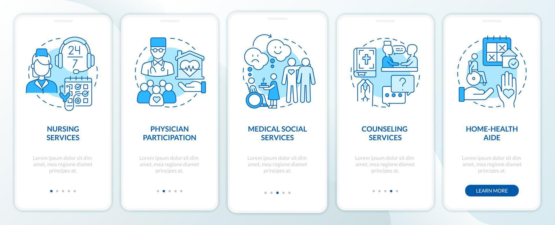 Provided services of hospice care blue onboarding mobile app screen. Walkthrough 5 steps graphic instructions pages with linear concepts. UI, UX, GUI template. Myriad Pro-Bold, Regular fonts used vector