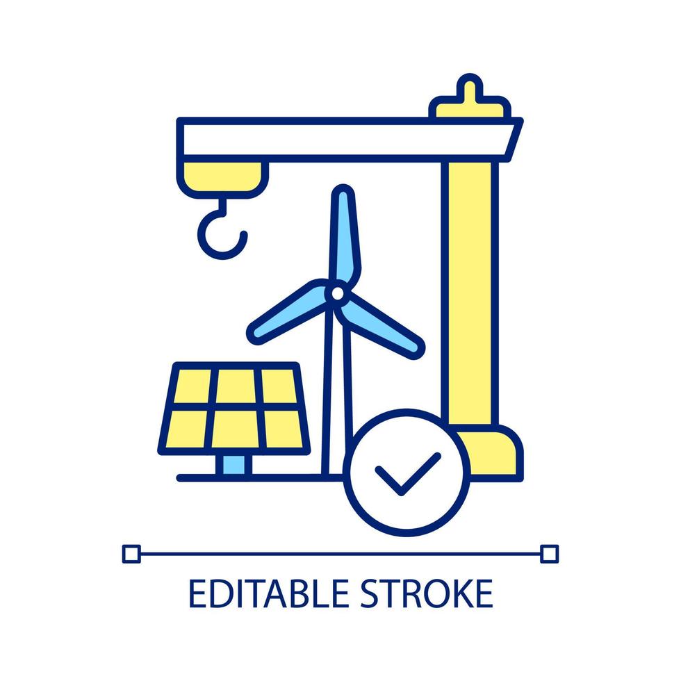 Installing clean energy generating equipment RGB color icon. Sustainable power. Construction site. Isolated vector illustration. Simple filled line drawing. Editable stroke. Arial font used